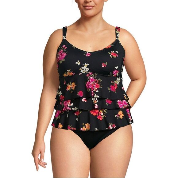 Land's End One Piece smoothing Control Fauxkini Swimsuit Black Meadow Floral 18W - Picture 2 of 5